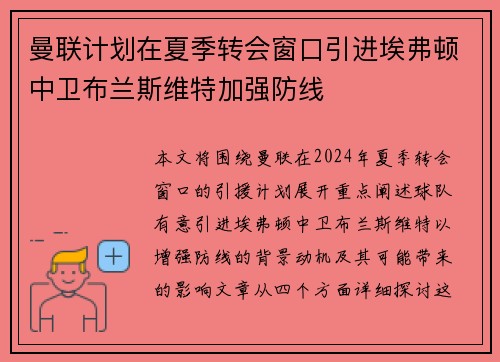 曼联计划在夏季转会窗口引进埃弗顿中卫布兰斯维特加强防线 曼联计划在夏季转会窗口引进埃弗顿中卫布兰斯维特加强防线